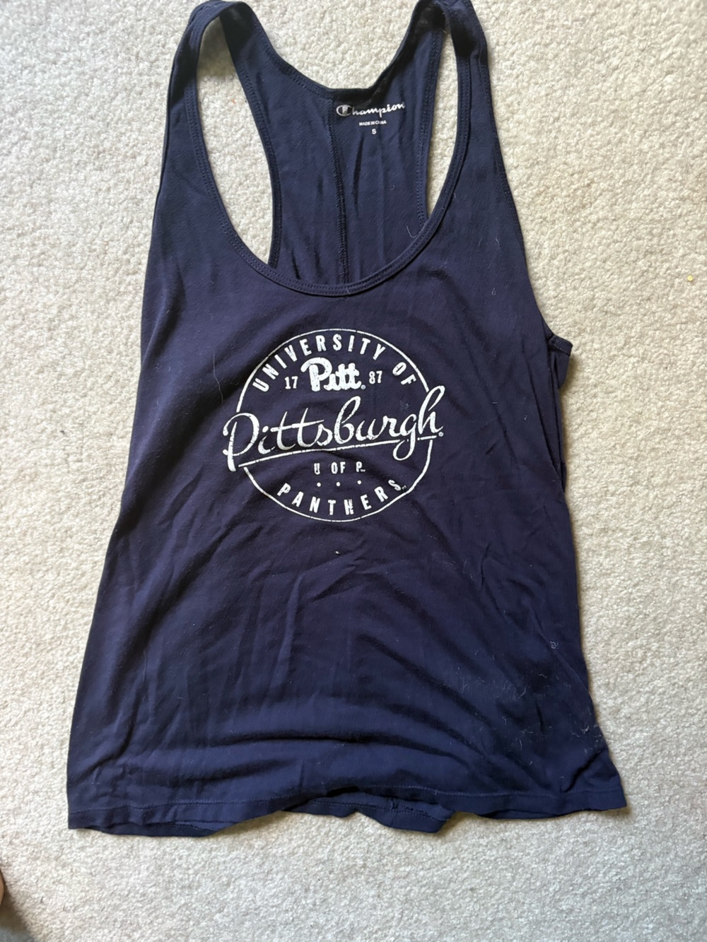 Champion Navy Racerback Tank with White Script Logo